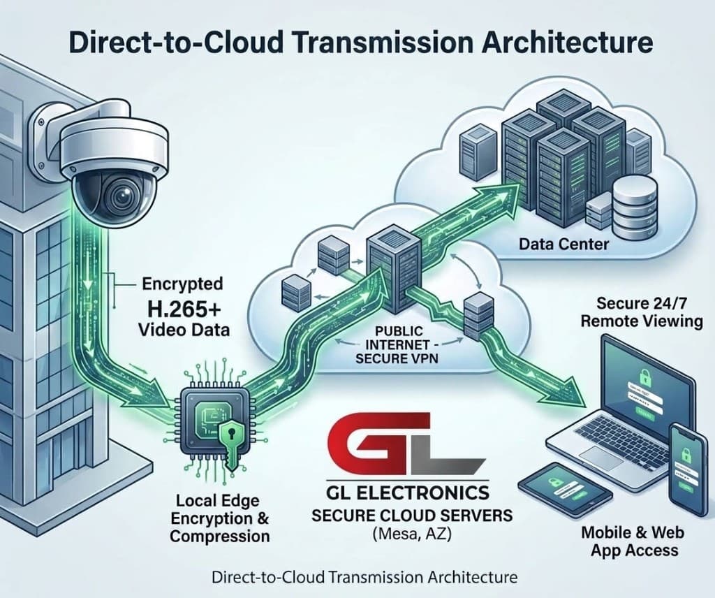 Direct-to-cloud transmission architecture: cameras encrypt H.265 video locally, then send it over a secure VPN to GL Electronics cloud servers for remote viewing