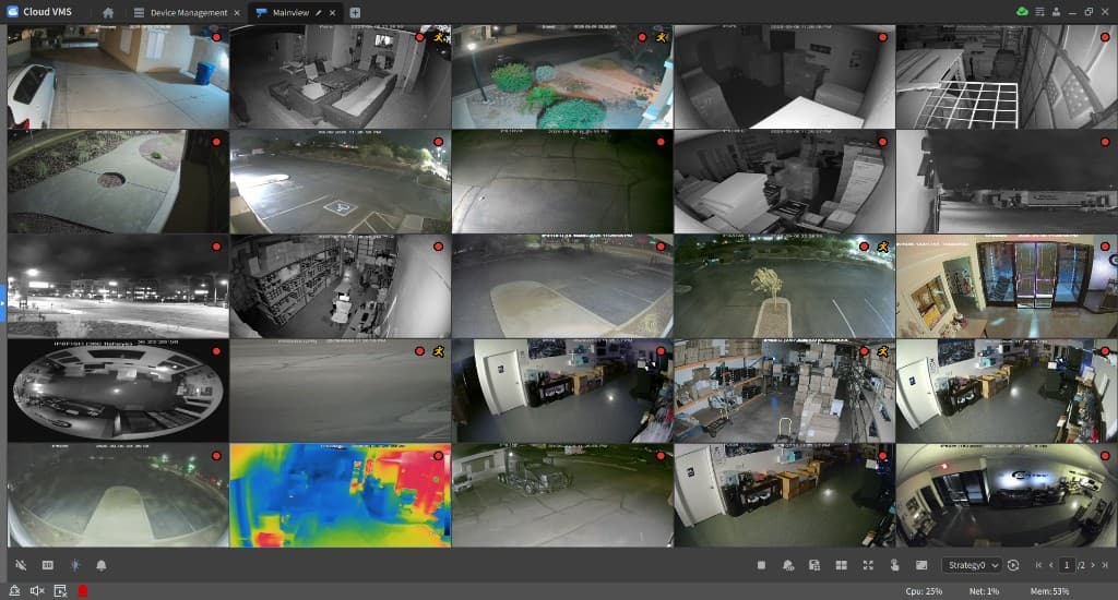 Cloud video management dashboard showing live camera feeds from multiple locations