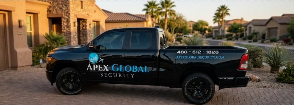 Apex Global Security patrol truck parked in an Arizona neighborhood